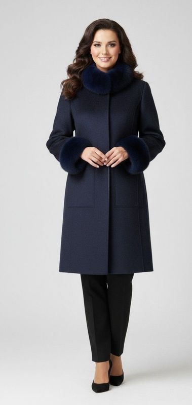 Woman in navy coat with fur collar and cuffs, black pants, smiling against a white backdrop.