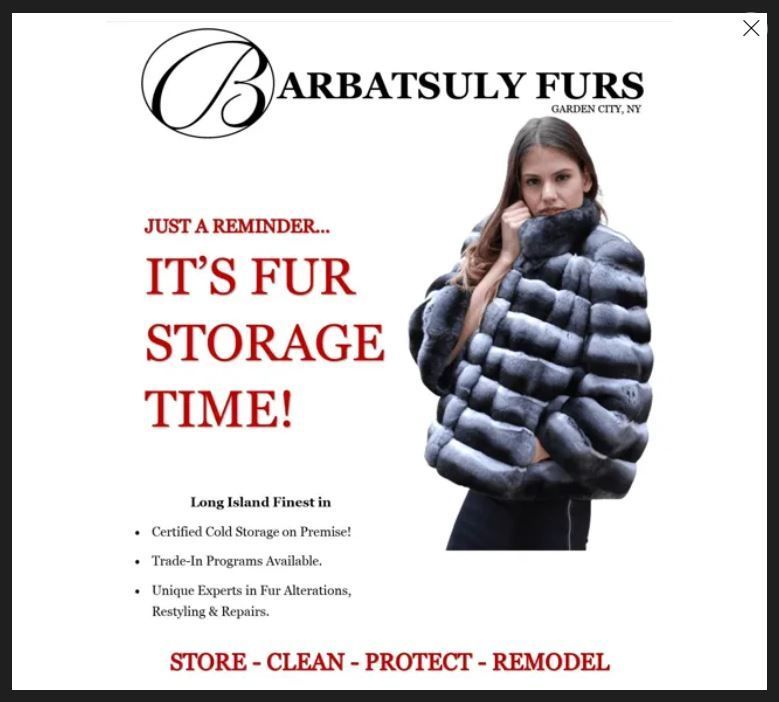 Advertisement for Barbatsuly Furs in Garden City, NY, promoting professional fur storage, cleaning, and remodeling services.