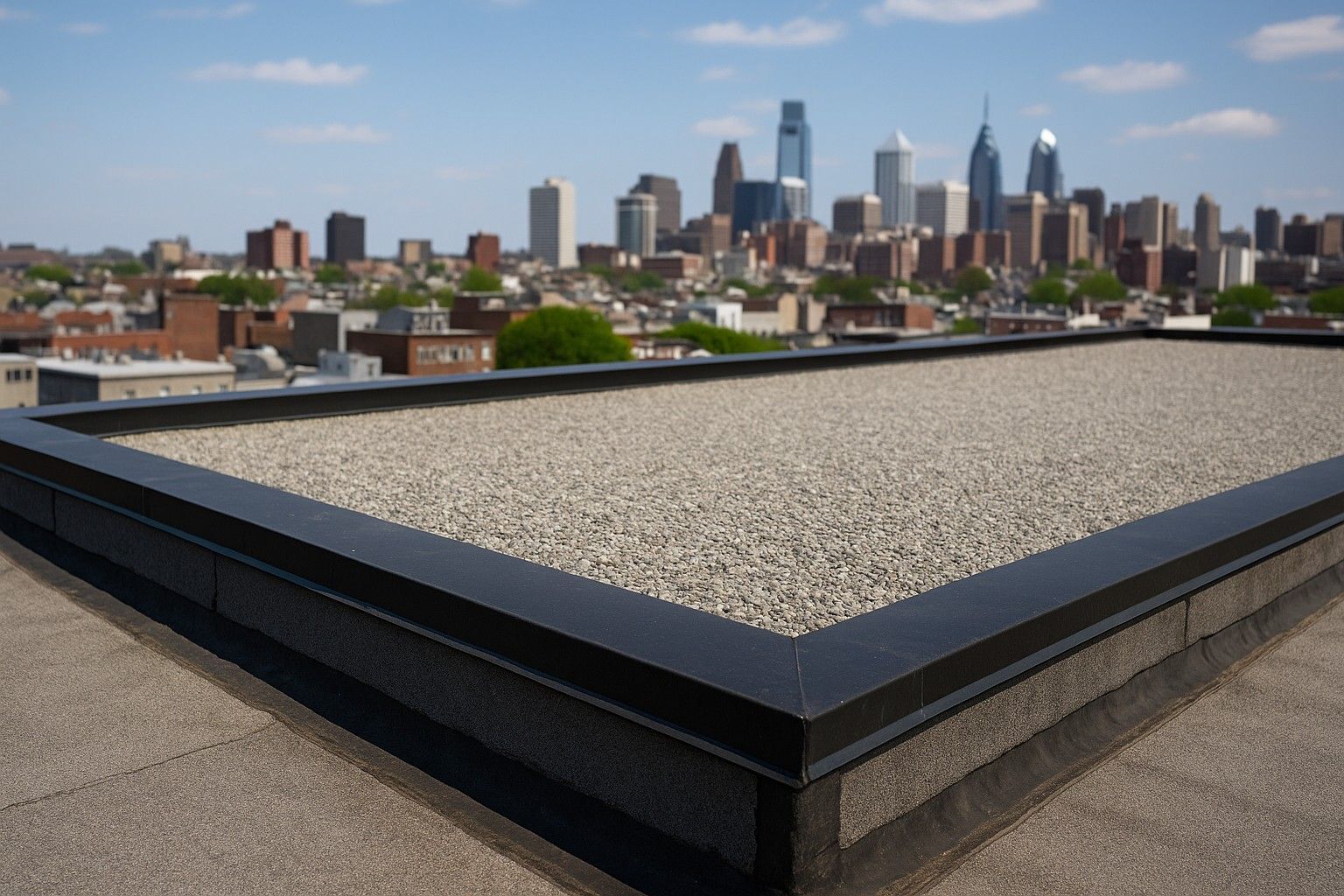 Flat gravel roof with BUR system overlooking Philadelphia skyline