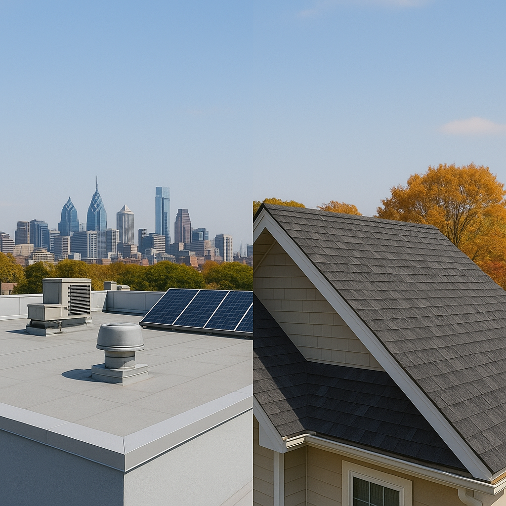 Split image of a modern flat roof with  solar panels on one side, and an asphalt shingle roof