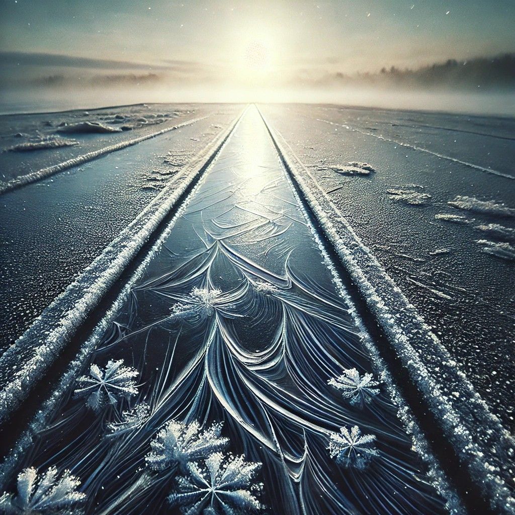 Flat roof with ice buildup and cracks, showing winter damage and frost accumulation