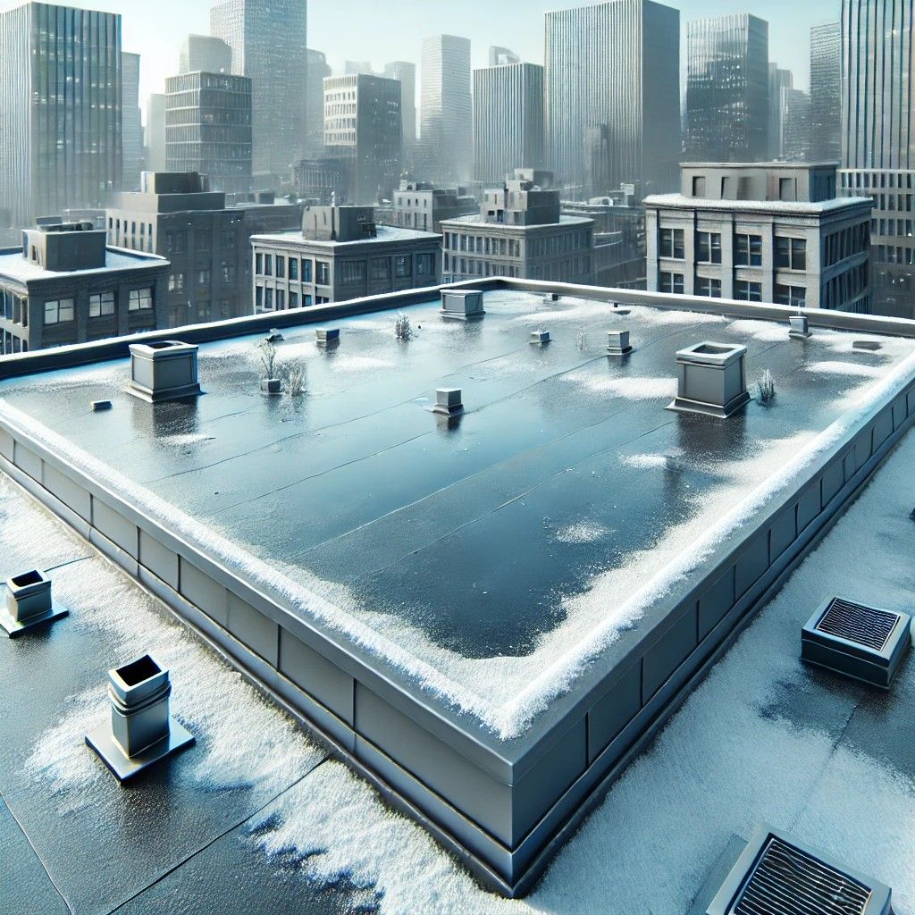 Flat roof in winter with light snow, pooling water, and minor wear, surrounded by urban buildings.

