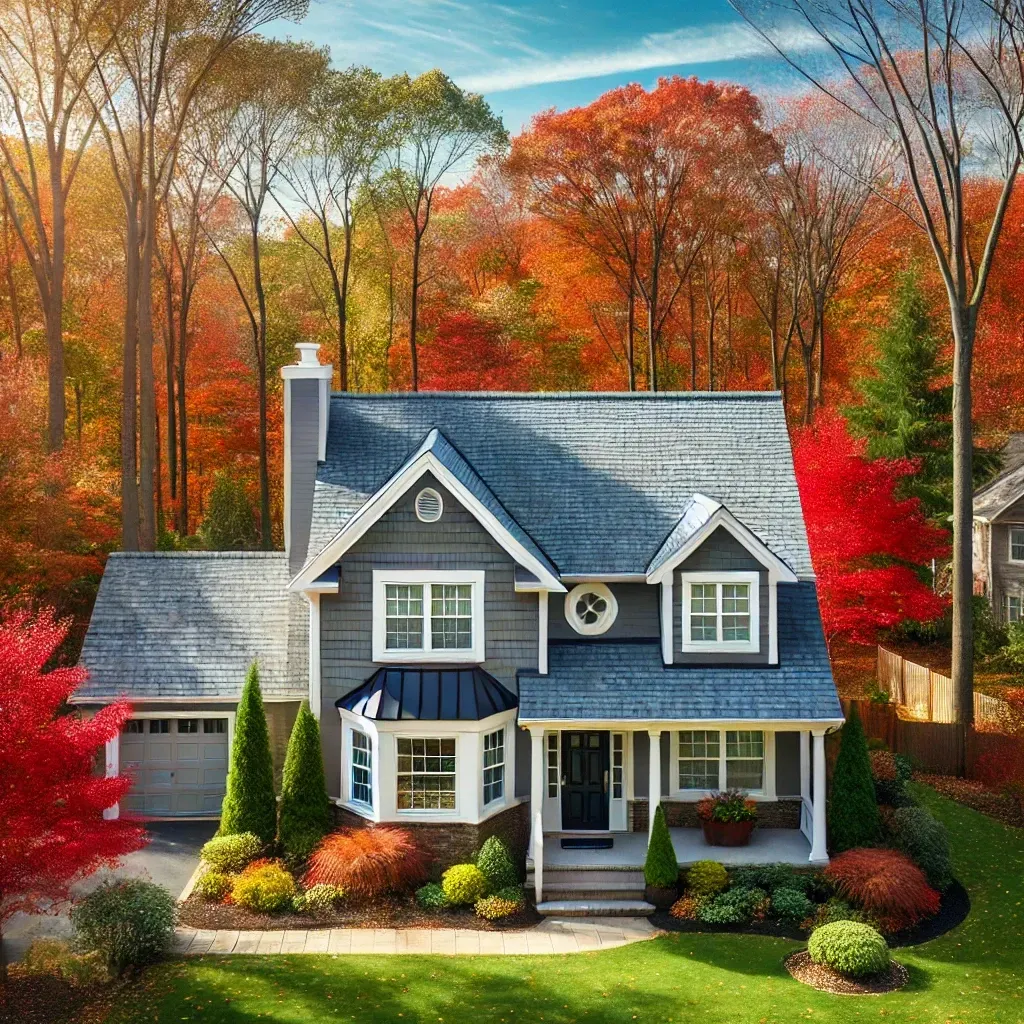 Suburban New Jersey home with a well-kept roof, clear gutters, and fall-colored trees.