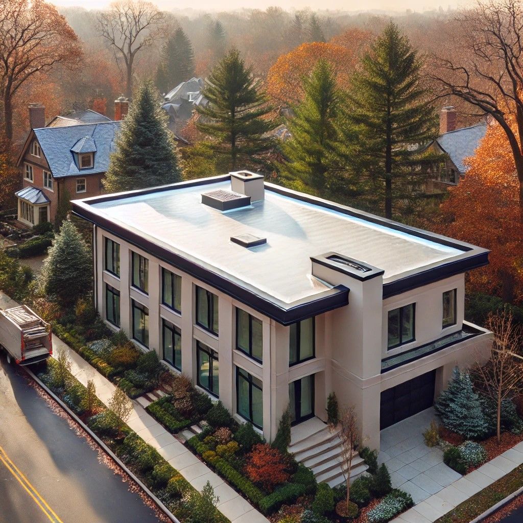 Flat-roofed suburban building in Philadelphia area with clean gutters and ready for winter.