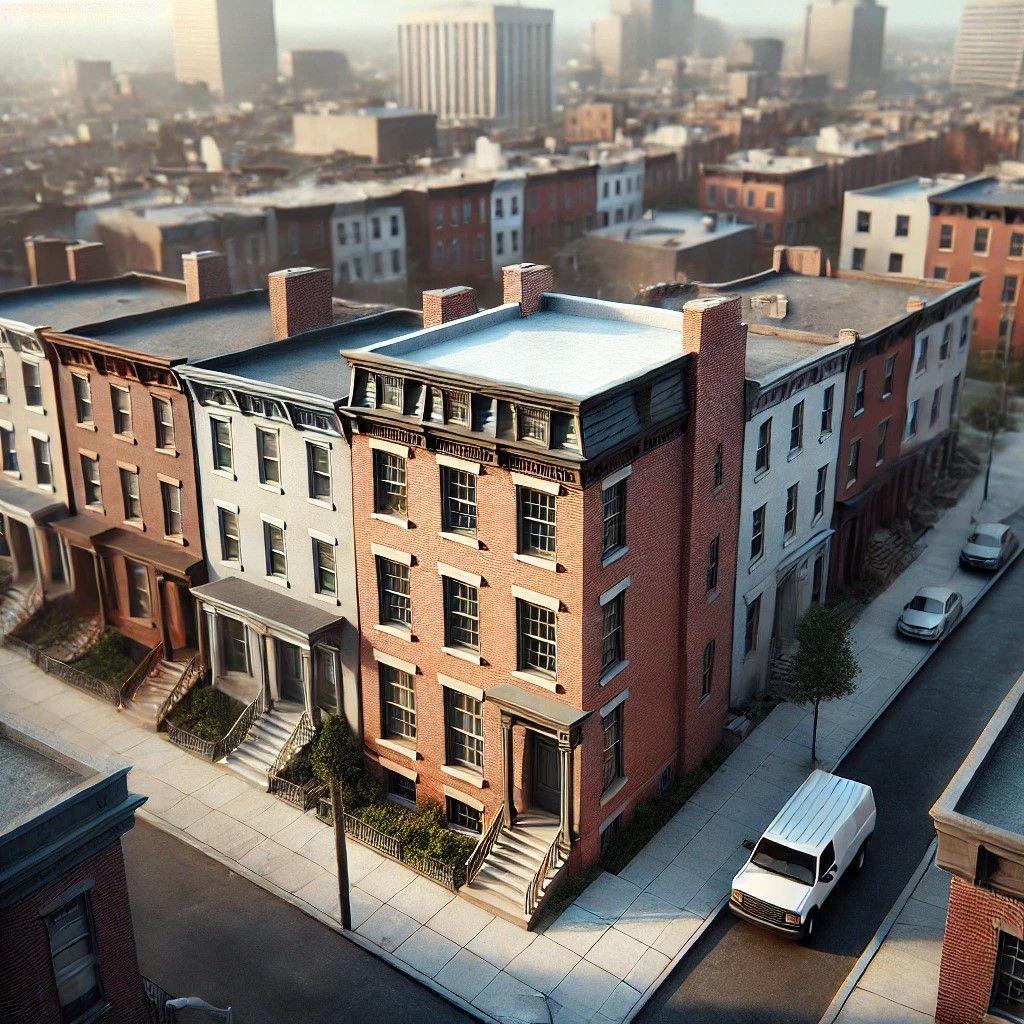 Philadelphia brick row home with a flat roof, shown on a sunny day in a dense urban neighborhood