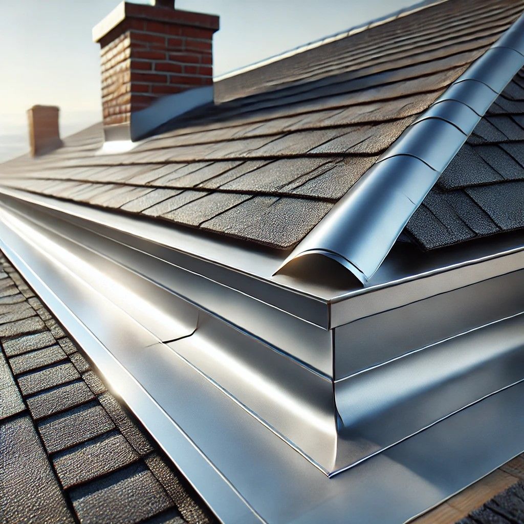 Roof with flashing on flat and shingle sections, highlighting water-resistant features.