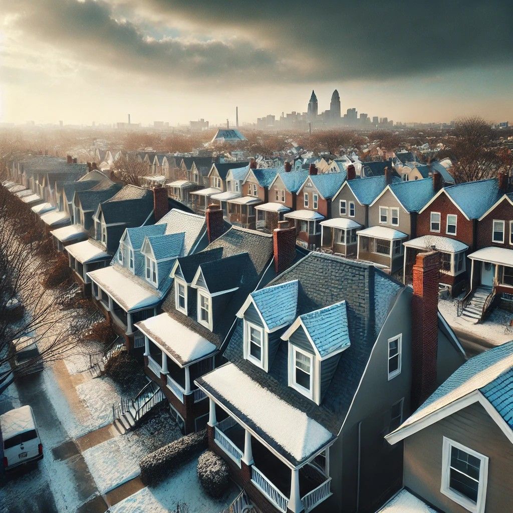 Roof of a Philadelphia row home with durable shingles and light snow under a cloudy winter sky.




