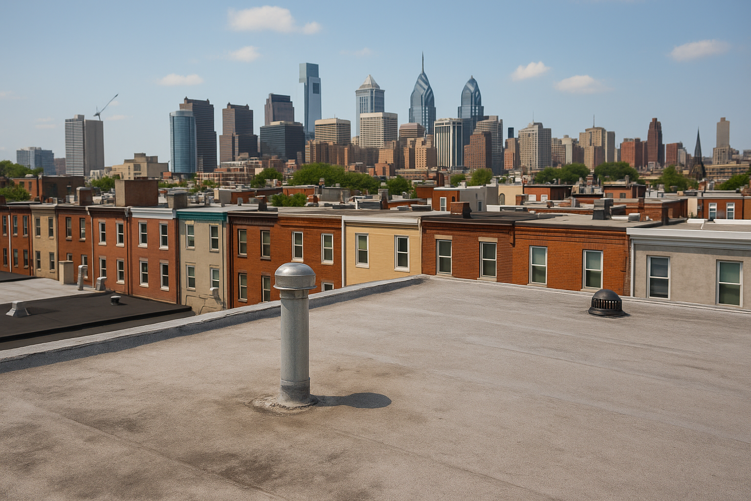 Flat rooftop on Philadelphia rowhome with city skyline in the background.