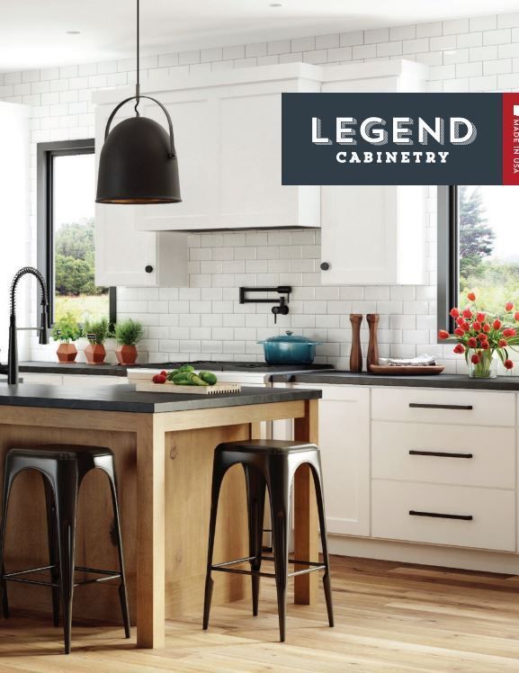 a brochure for legend cabinetry shows a kitchen with white cabinets