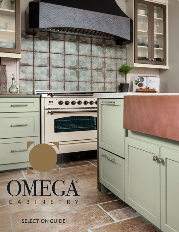 an omega cabinetry selection guide shows a kitchen with green cabinets
