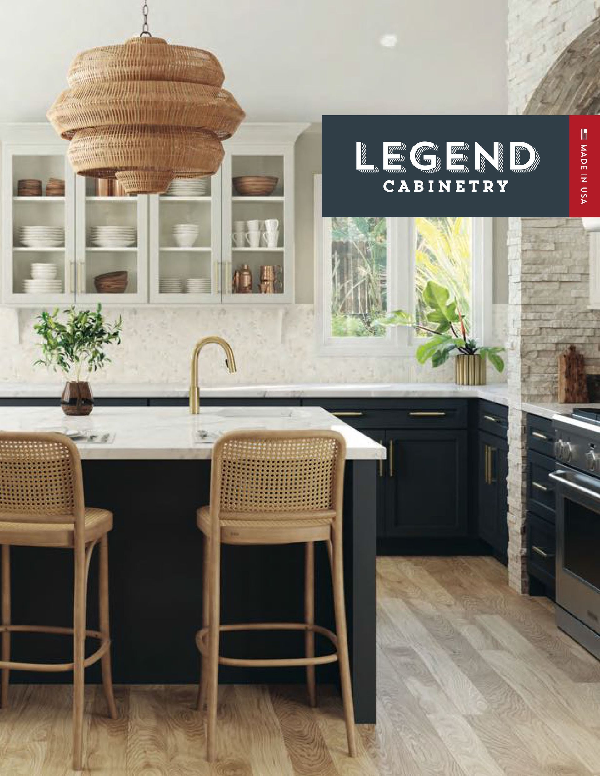 A kitchen with wicker chairs and a sign that says legend cabinetry
