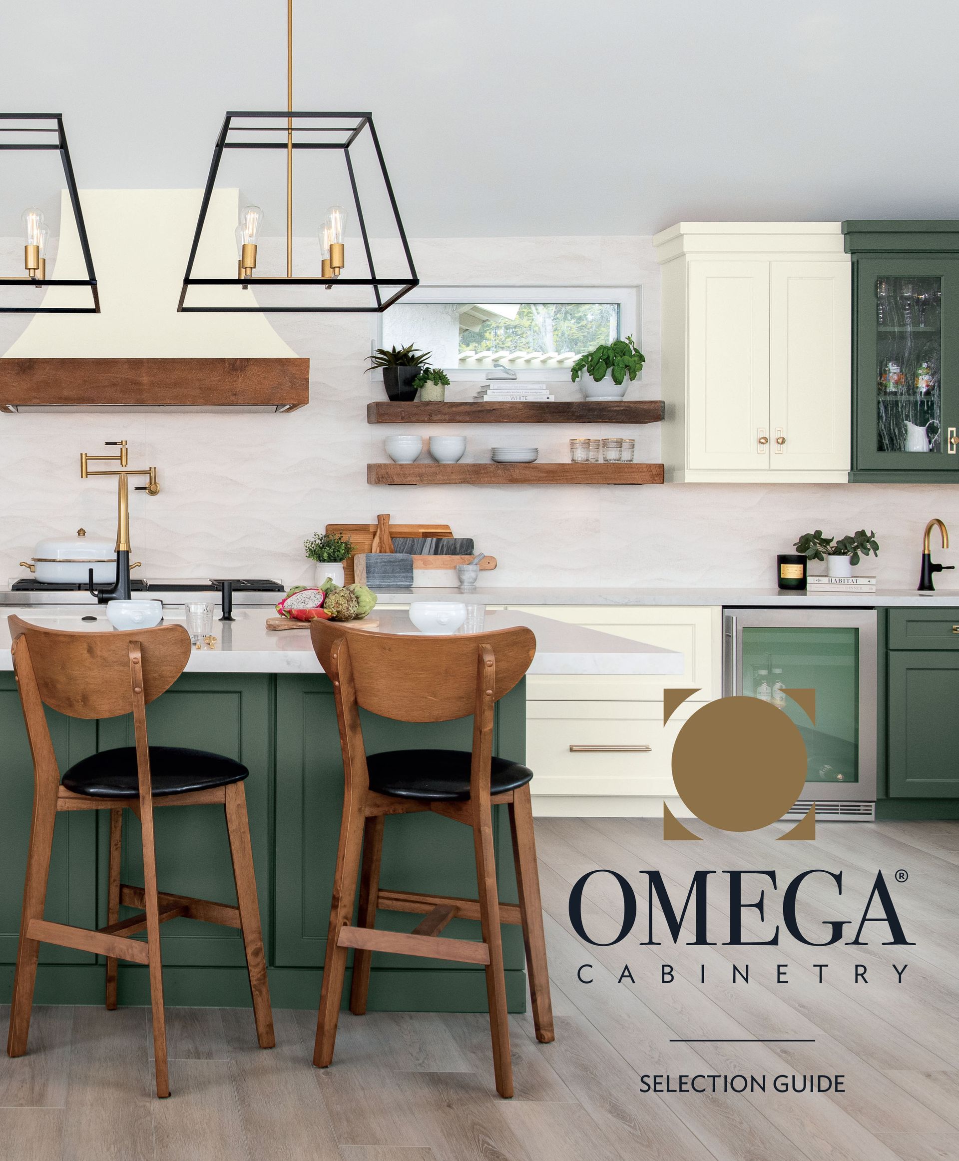 A kitchen with green cabinets and white cabinets and stools