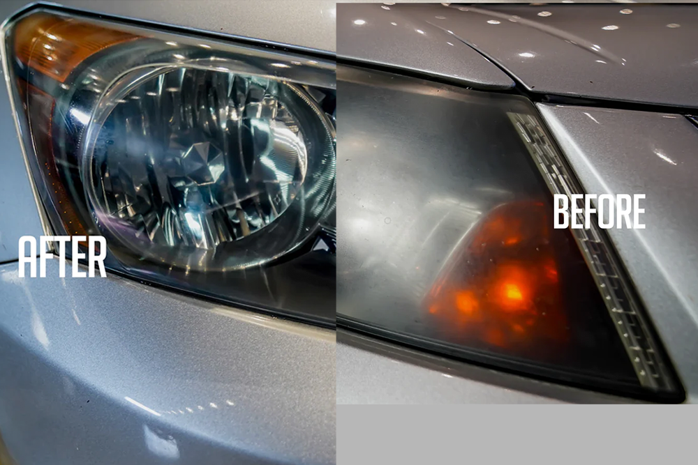Before and after image of headlight restoration