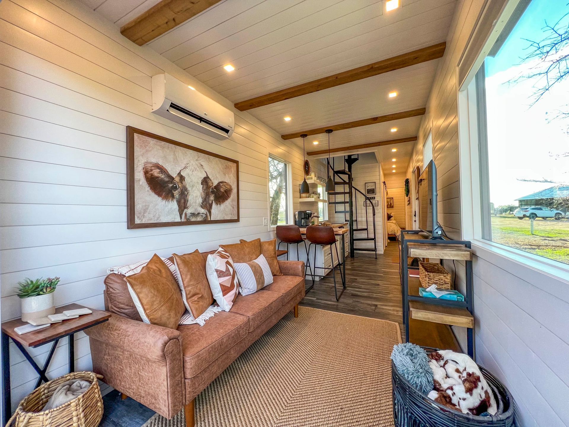 A living room in a tiny house with a couch and a rug.