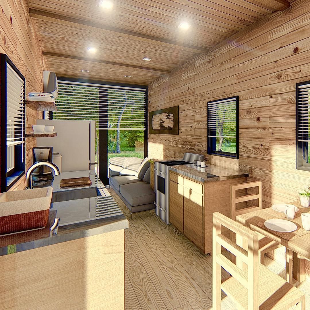 An artist 's impression of a small house with a kitchen, dining room and living room.