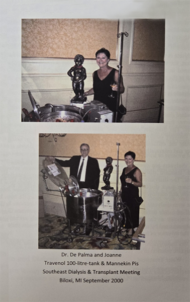 Two photos: Dr. De Palma and Joanne by a dialysis machine, holding a statue. Southeast Dialysis & Transplant Meeting, Biloxi, September 2000.