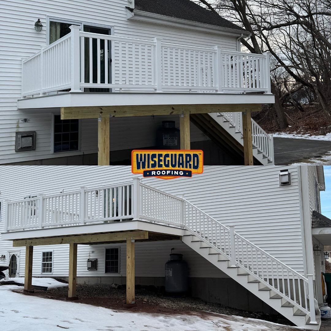 A composite image showing a white house with a newly built elevated wooden deck and white railings.