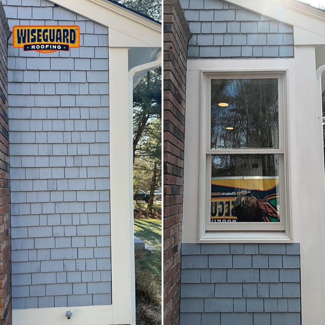 Before-and-after photo of a home exterior wall, showing new grey shingles installed around a white-framed window.
