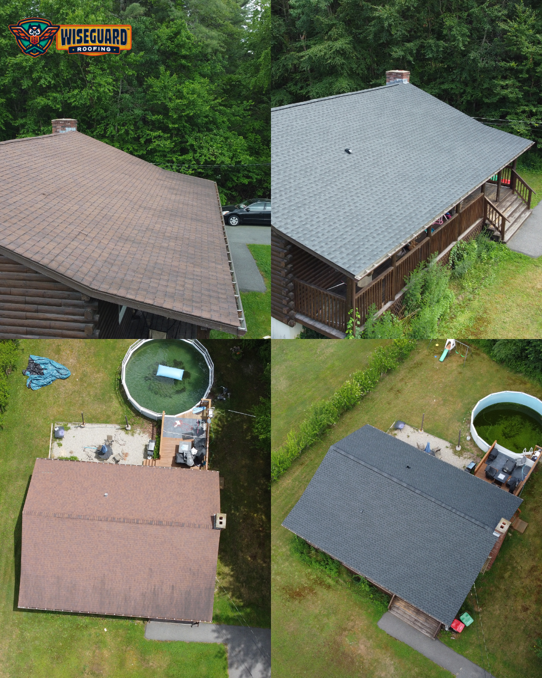 Aerial view of three rustic cabins with brown and gray roofs in a green wooded yard, each with a round outdoor tub.