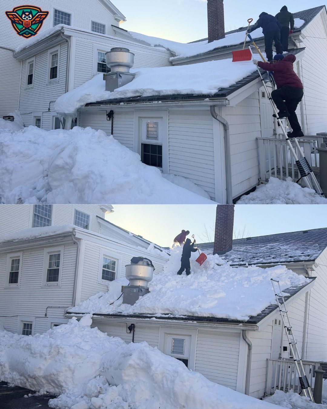 Two split images showing people on a ladder and roof shoveling heavy snow off the top of a white residential building.