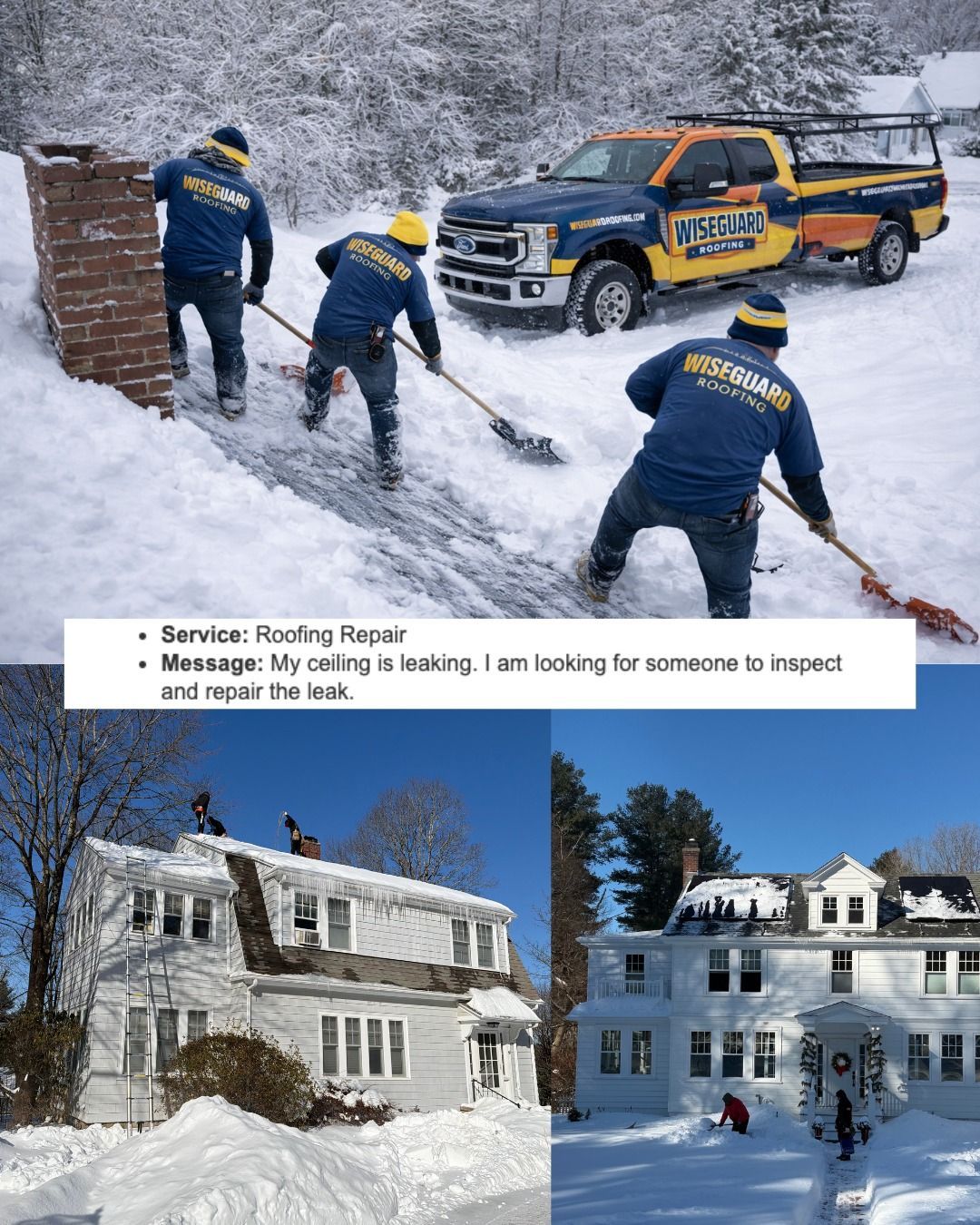 Workers in blue uniforms clear heavy snow from a property and roof, with a service truck nearby.
