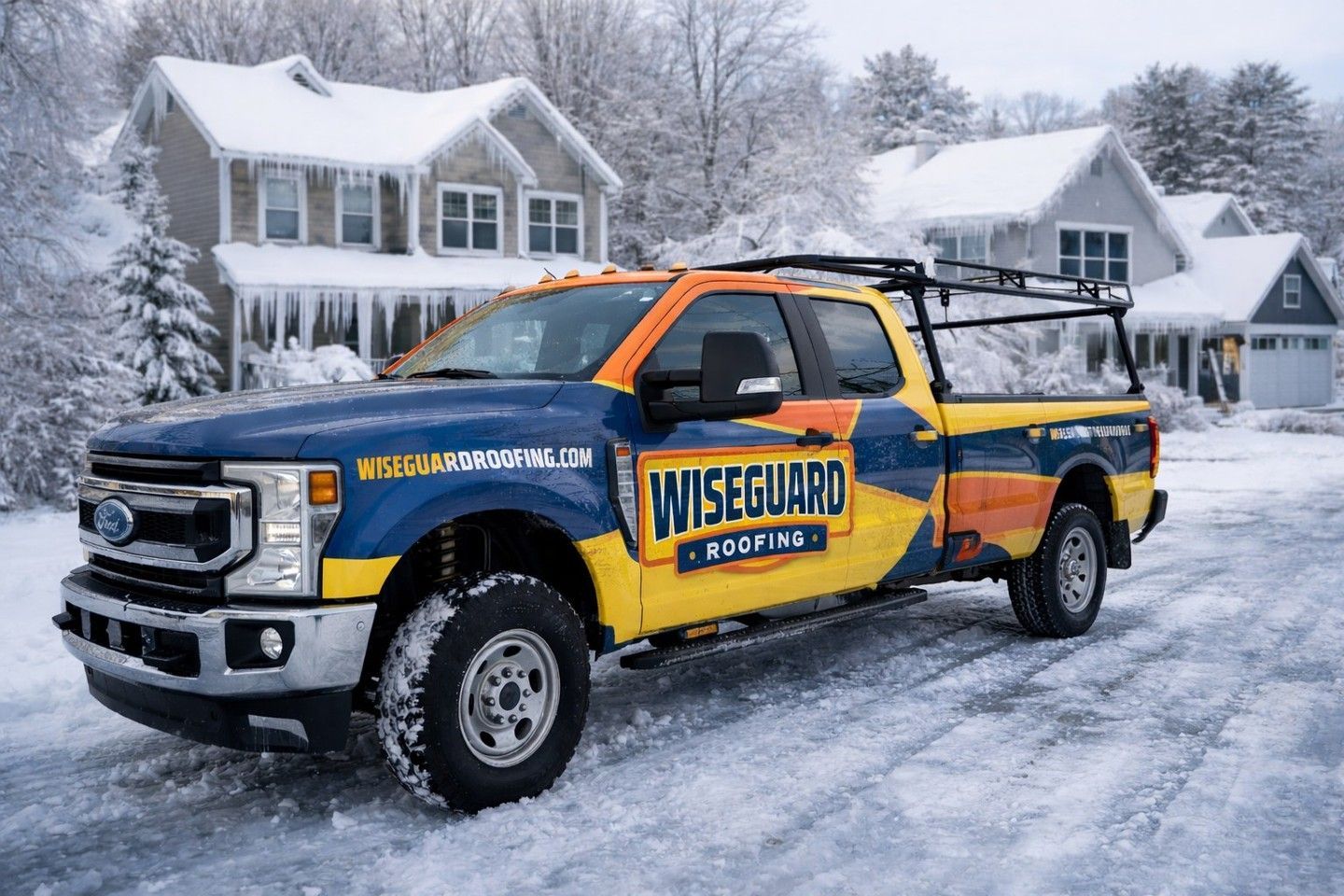 A blue and yellow Wiseguard Roofing truck parked on a snowy, ice-covered residential street.