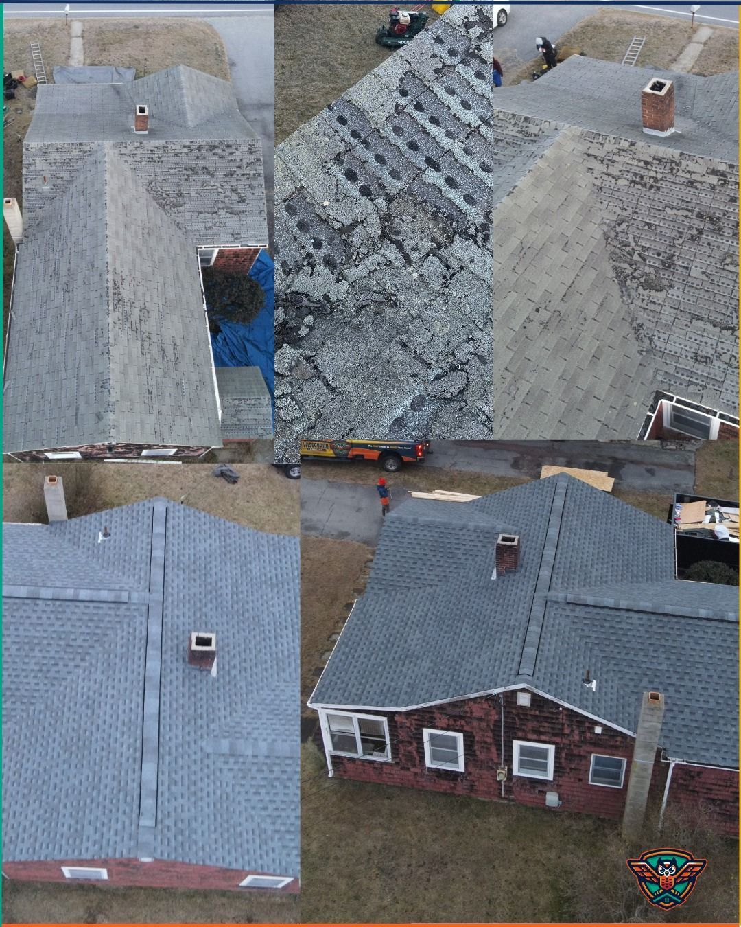 Aerial view of a residential roof replacement showing old shingles being removed and a new gray shingle roof installed.