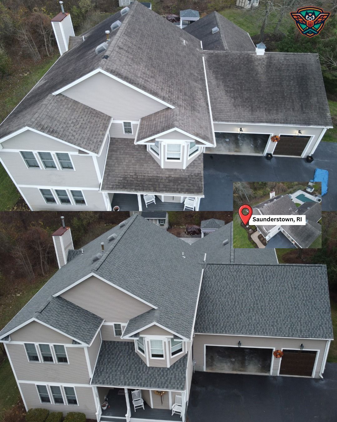 Before-and-after aerial view of a house roof, showing a dirty, weathered roof replaced with a new, dark gray shingle roof.