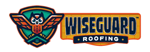 Logo for Wiseguard Roofing featuring a teal shield with an owl emblem next to the brand name in orange and dark blue.