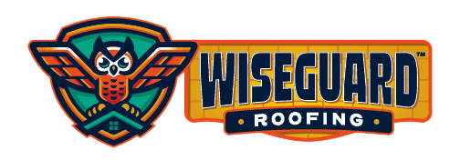 Logo for Wiseguard Roofing featuring a stylized owl perched on a roof inside a shield next to the brand name text.