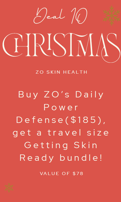 Promotional graphic for ZO Skin Health. Buy Daily Power Defense ($185) and get travel-size Getting Skin Ready bundle, value $78. Red background.