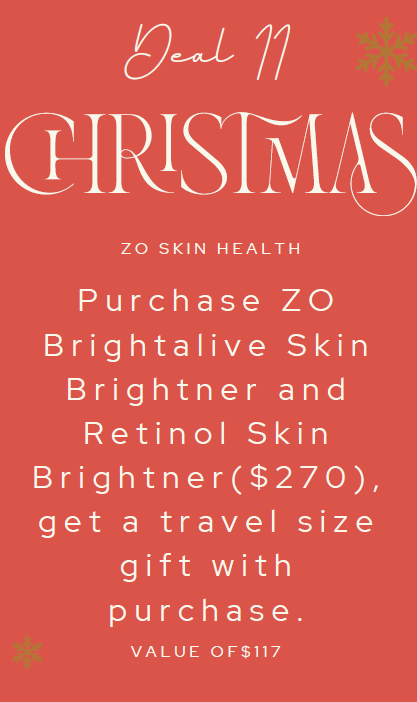 Red promotional graphic for ZO Skin Health. Purchase Brightalive and Retinol Skin Brighteners for $270, get a travel size gift ($117 value).