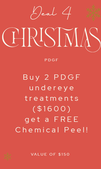 Red holiday-themed advertisement. Buy 2 PDGF undereye treatments ($1600) and get a free chemical peel (value $150).