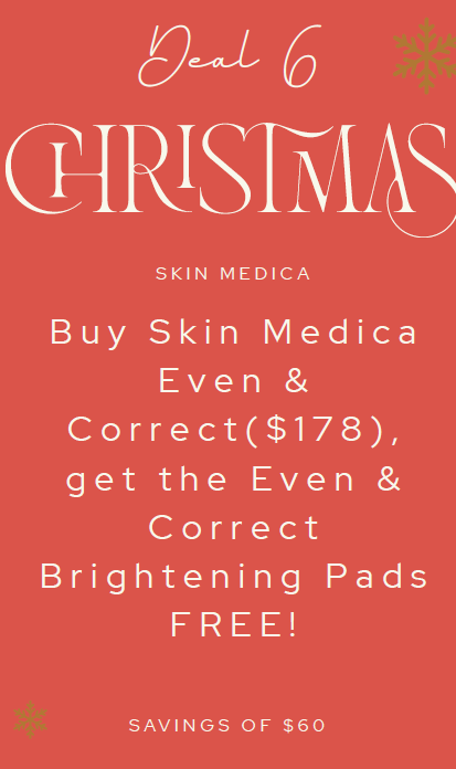 Red promotional graphic: Christmas deal for SkinMedica products. Buy TNS and HA5, get a free neck corrector. Savings of $135.