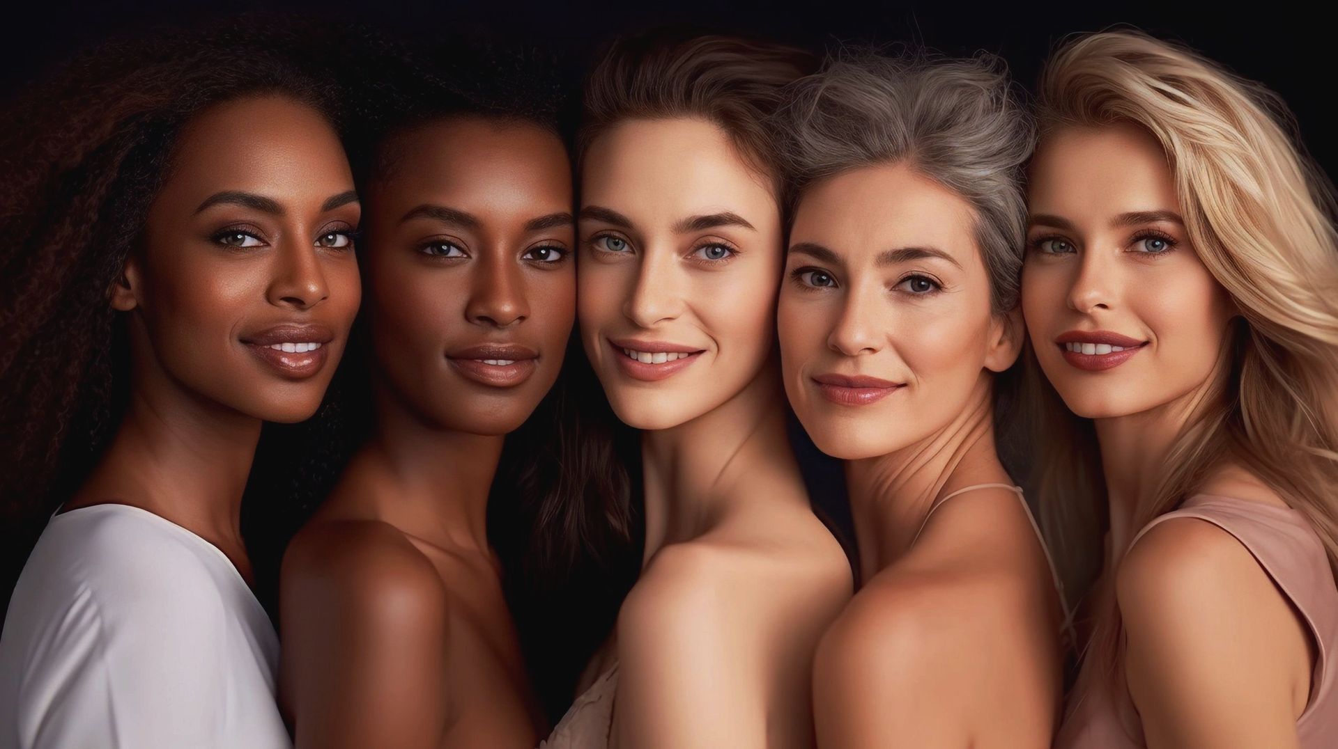 Five diverse women smiling, shoulders bared, against a dark background. Varying skin tones and hair colors.
