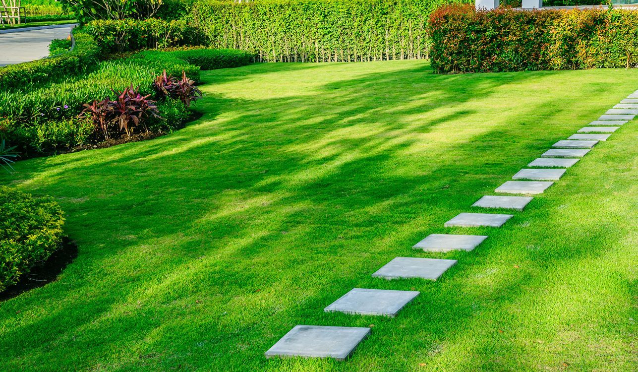 A stone walkway goes through a lush green lawn.