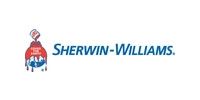 The logo for sherwin williams is a red , white , and blue logo.