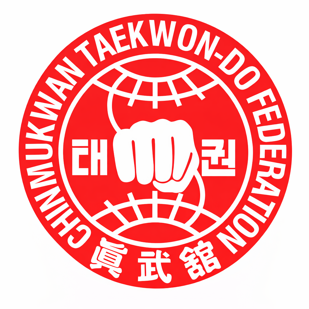 A red, circular logo featuring a white fist, a globe-like grid, and the text CHINMUKWAN TAEKWON-DO FEDERATION.