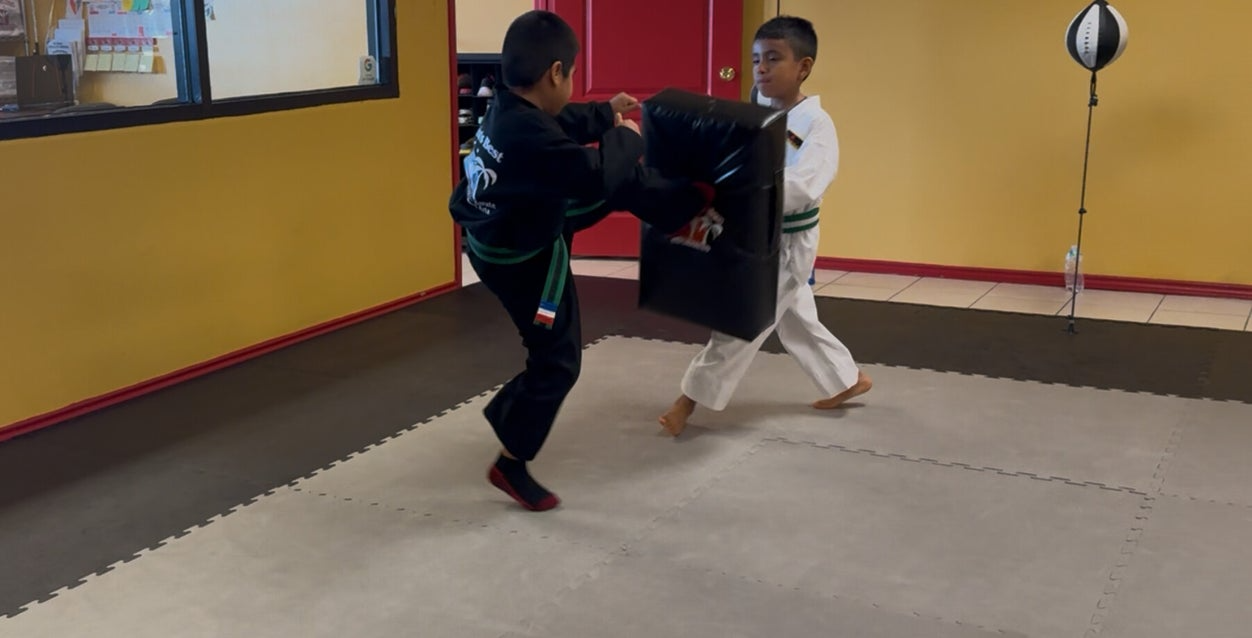 Two people in martial arts uniforms practice kicking in a training room.