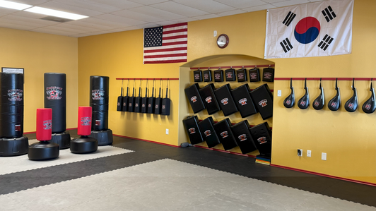 Martial arts training room with heavy bags, pads, and flags of the US and South Korea.