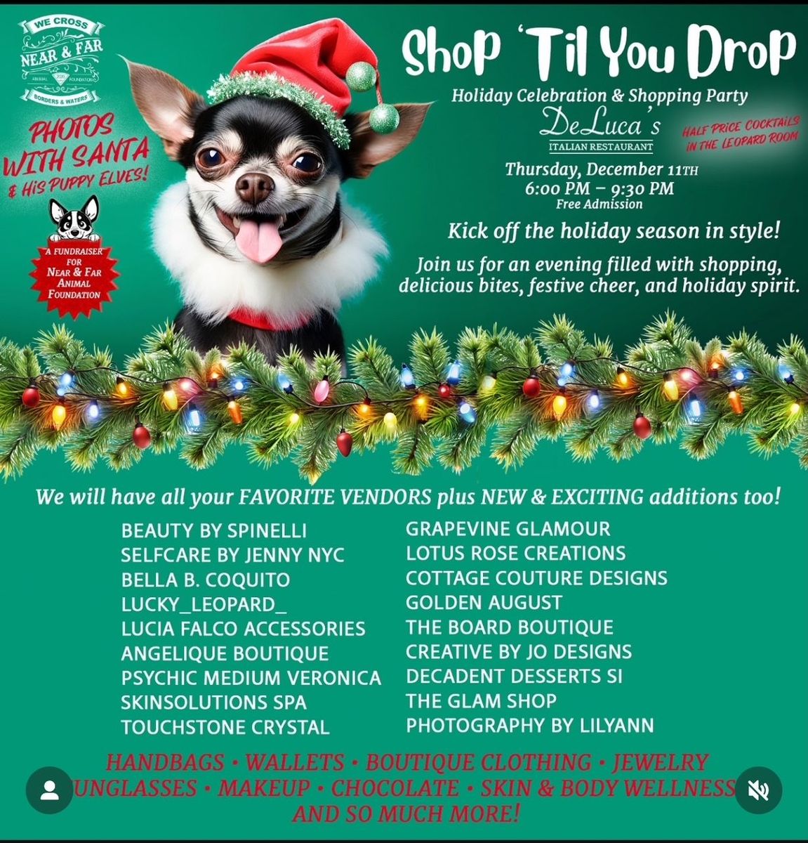 Holiday shopping event poster with a chihuahua wearing a Santa hat. Text: