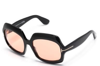 Black geometric sunglasses with pink-tinted lenses on a white background