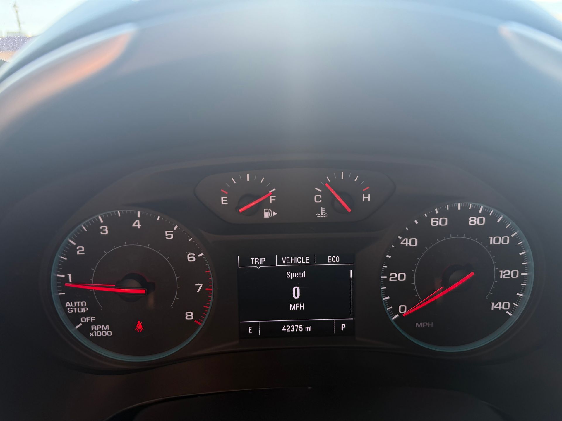 Dashboard of a car with gauges, including speedometer, fuel gauge, and odometer.