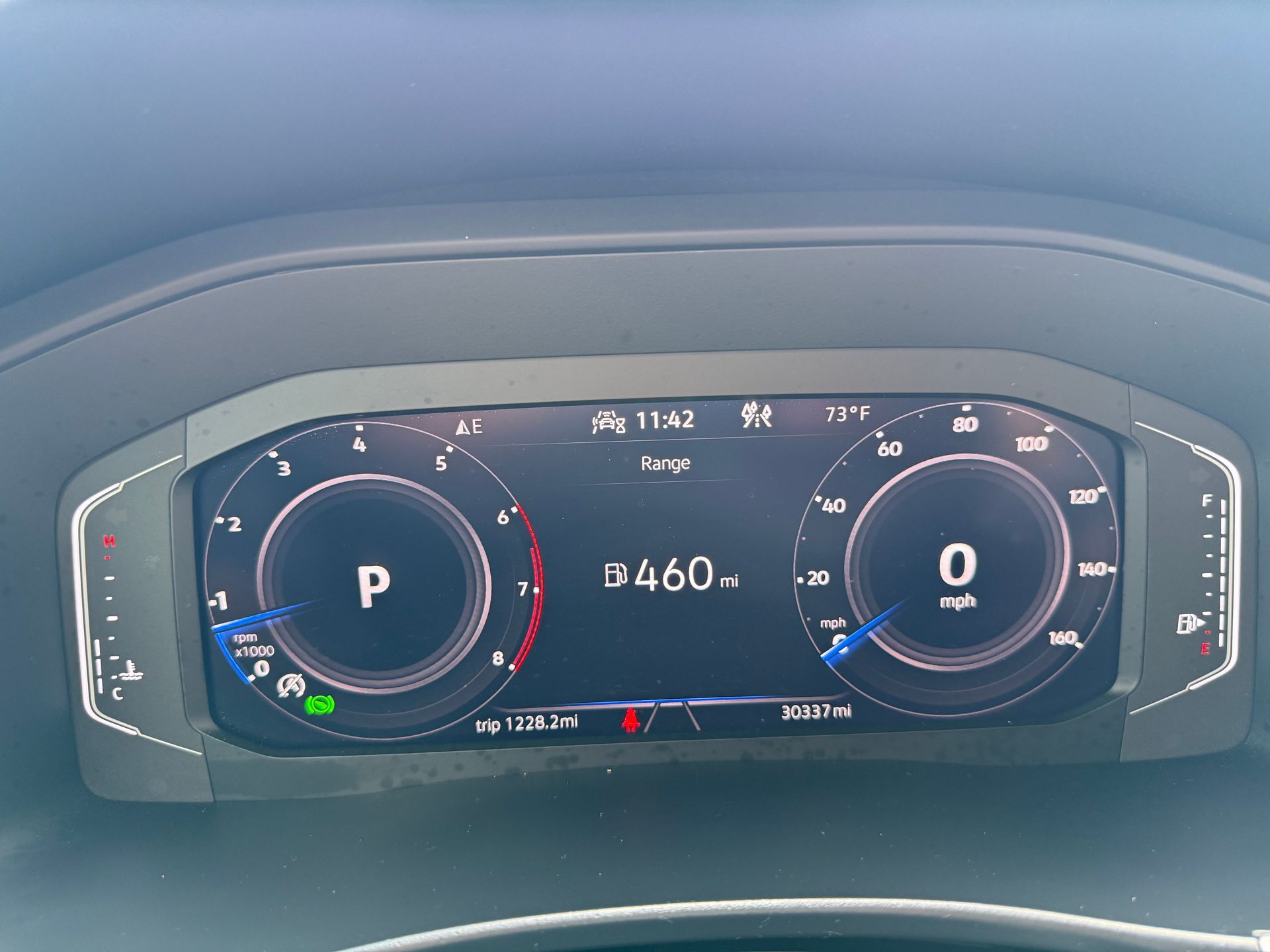 Dashboard showing car's speed at zero, gear in park, and range of 460 miles.