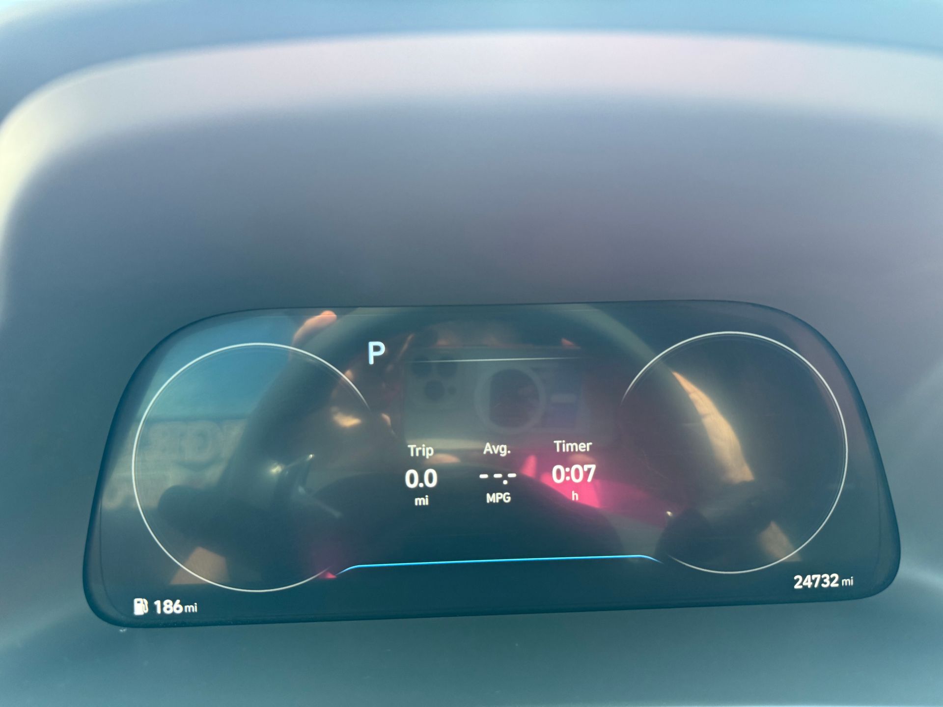 Dashboard displaying the car is in park, speed is 0 mph, and timer is at 0:07. The odometer is at 24773.2 miles.