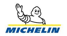 The Michelin logo featuring the white, tire-shaped Bibendum character waving above the blue 