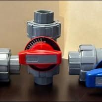 Three PVC ball valves with red and blue handles.