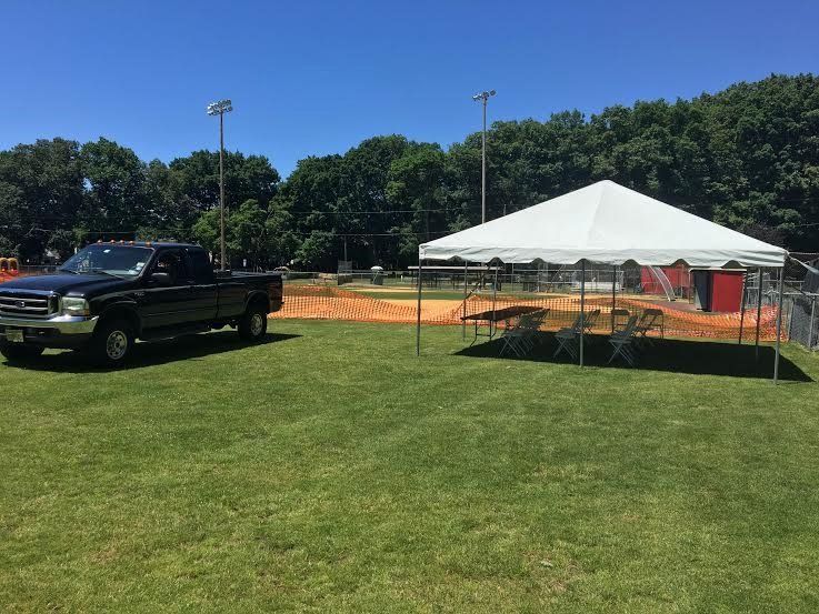 a black truck parked on a grassy field