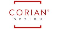 A red and white logo for corian design on a white background.