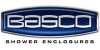 The logo for basco shower enclosures is blue and white.